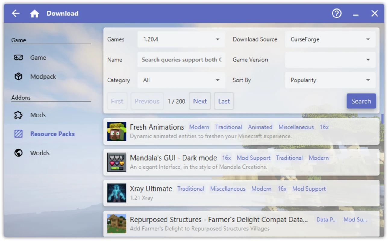HMCL（Hello Minecraft! Launcher）主界面实拍：左侧为游戏、整合包与模组资源栏目，右侧为版本与下载源设置